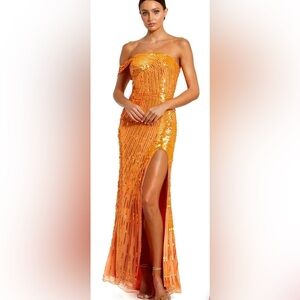 Mac Duggal Orange Sequin Strapless Gown w/ High Slit – Size 6 – New